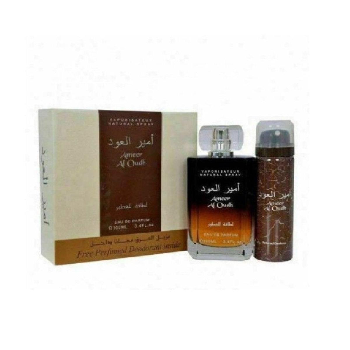 Caja Lattafa Ameer Al Oudh con perfume de 100 ml y spray perfumado de 50 ml.