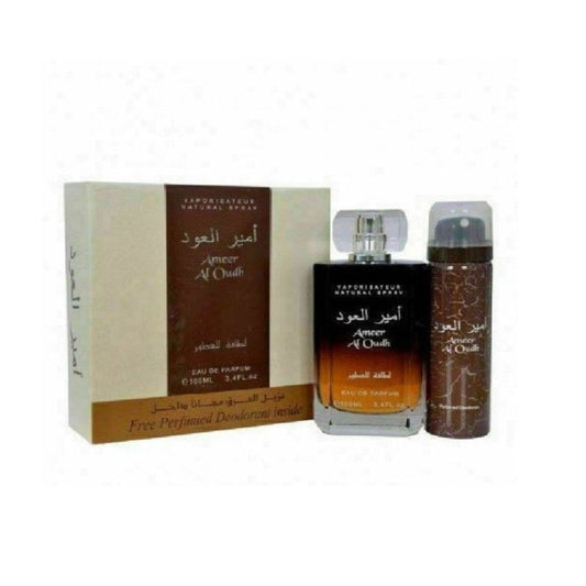 Caja Lattafa Ameer Al Oudh con perfume de 100 ml y spray perfumado de 50 ml.