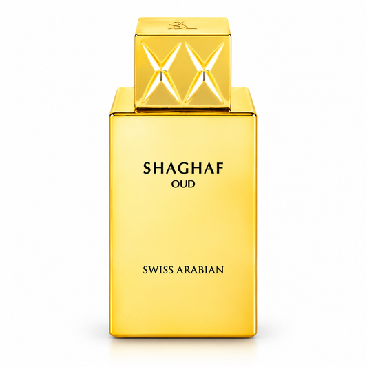 Swiss Arabian Shaghaf Oud Eau de Parfum 75 ml, frasco dorado sobre fondo blanco