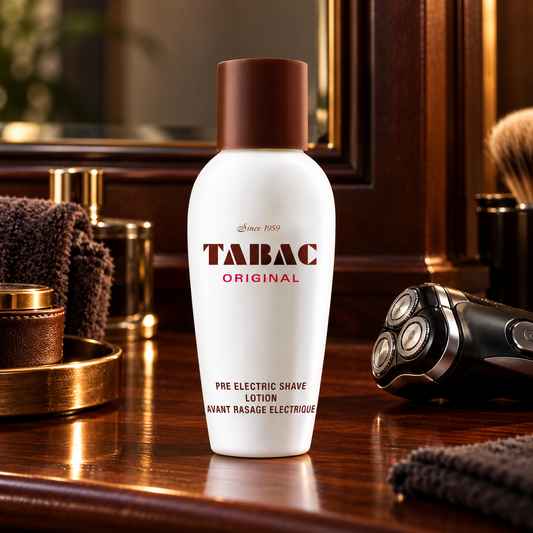 Tabac Original loción para antes del afeitado eléctrico 100 ml en tocador clásico