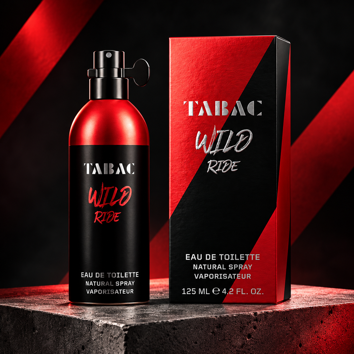 Tabac Wild Ride Eau de Toilette 125 ml frasco y caja en fondo rojo y negro