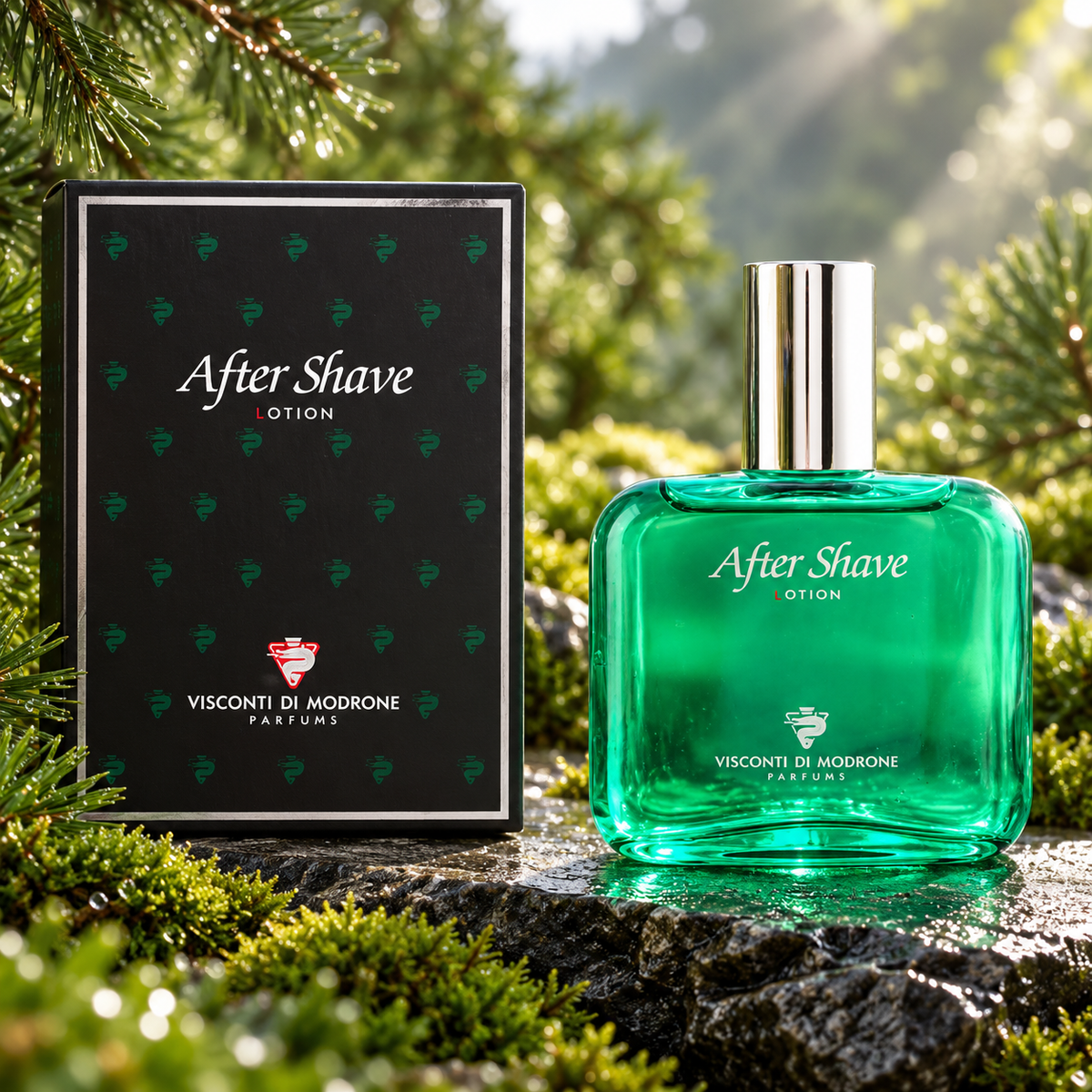 Acqua Di Selva after shave de Visconti Di Modrone con fondo de bosque y pino
